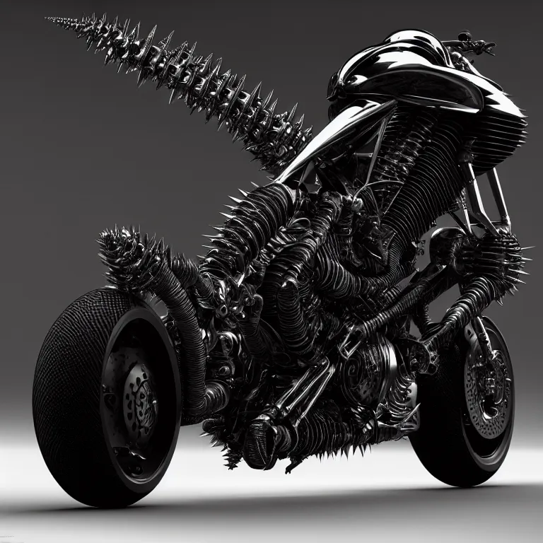 Prompt: spinal spiky ribbed black futuristic cyberpunk motocycle motorbike, concept art, beautiful intricate insanely detailed octane render, artstation, 8 k artistic photography, photorealistic, volumetric perfect light, chiaroscuro, raphael, caravaggio, beksinski, rutkowski, giger