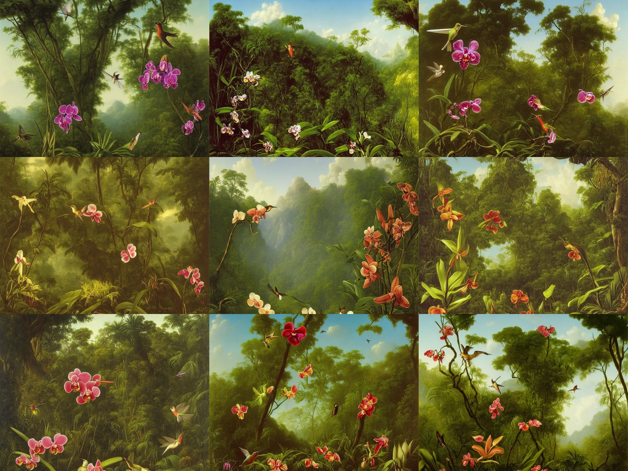 Prompt: painting of an orchid and a hummingbird in front of a jungle landscape by martin johnson heade
