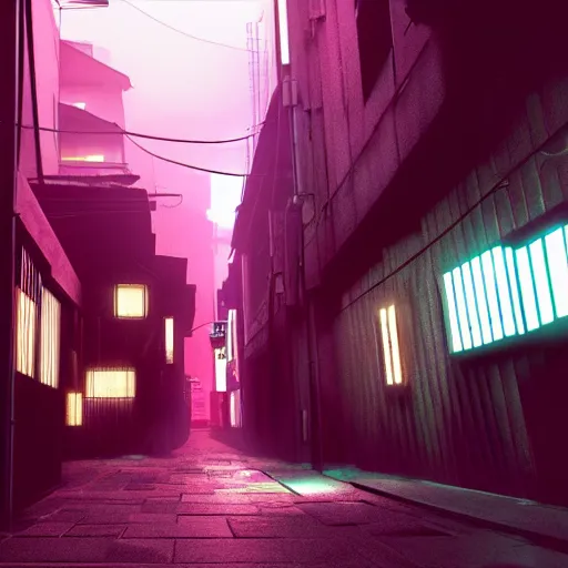 Image similar to a japanese alleyway in the style of blade runner 2049, volumetric lighting,