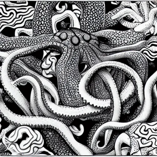 Image similar to interlocking shapes of fishes turning into octopuses, M.c. Escher, black and white, 4k