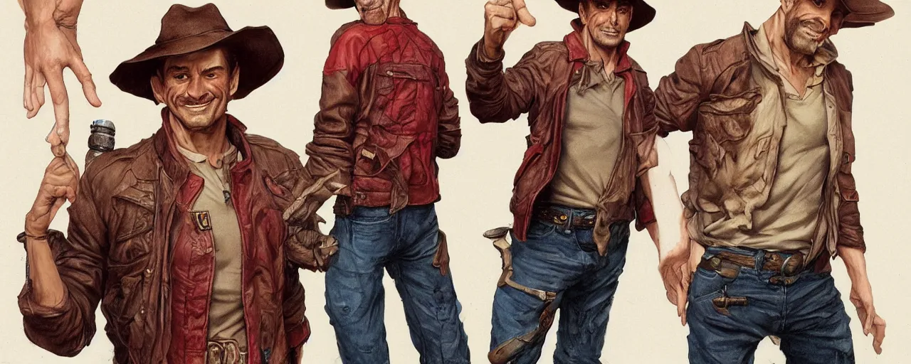 Image similar to character design, turnaround, uncropped, 40's adventurer, unshaven, optimistic, stained dirty clothing, straw hat, riding boots, red t-shirt, dusty brown bomber leather jacket, detailed, concept art, photorealistic, hyperdetailed, , art by Leyendecker and frazetta,