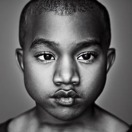 Prompt: the face of young kanye west at 9 years old, portrait by julia cameron, chiaroscuro lighting, shallow depth of field, 8 0 mm, f 1. 8