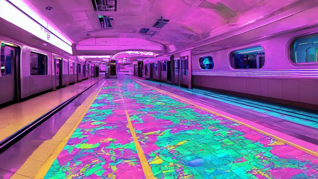 Image similar to vaporwave inferable train floor in a bright lobby, iso 2 0 0