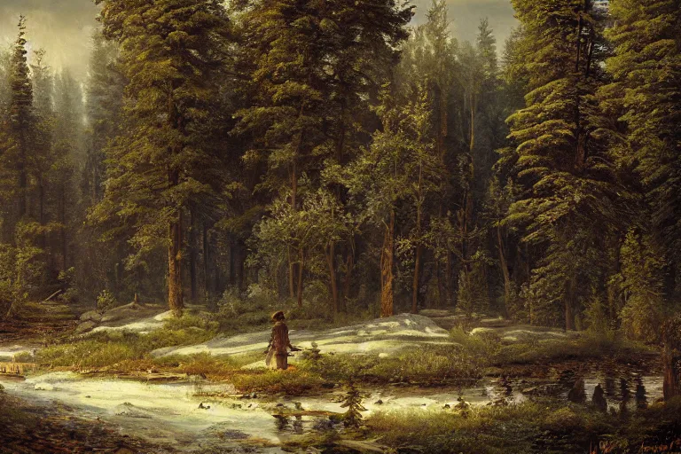 Image similar to A beautiful painting of russian village in dark forest by ivan shishkin and arkhip kuindji, trending on artstation,matte painting