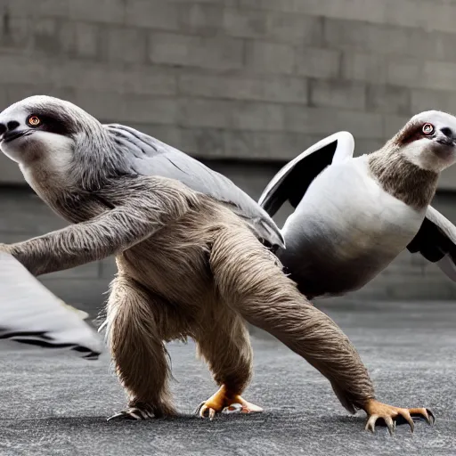 Image similar to sloth fighting a pigeon, aggressive sloth fighting a muscled pigeon, best photo award, high quality 8 k, cinematic lighting