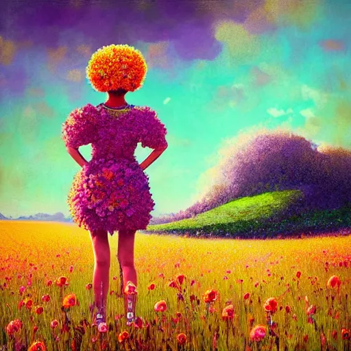 Image similar to giant flower afro, full body, girl standing in the middle of a field with flowers, surreal photography, hills, sunrise dramatic light, impressionist painting, colorful clouds, digital painting, pointillism, artstation, simon stalenhag