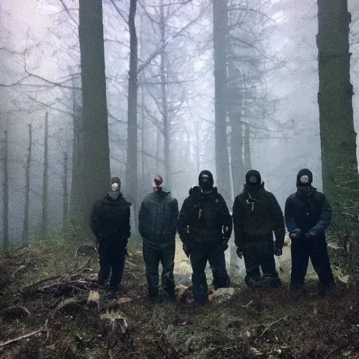 Image similar to low quality iphone photo of the payday 2 videogame crew standing ominously deep in the foggy woods low visibility creepy, grainy, trail cam footage