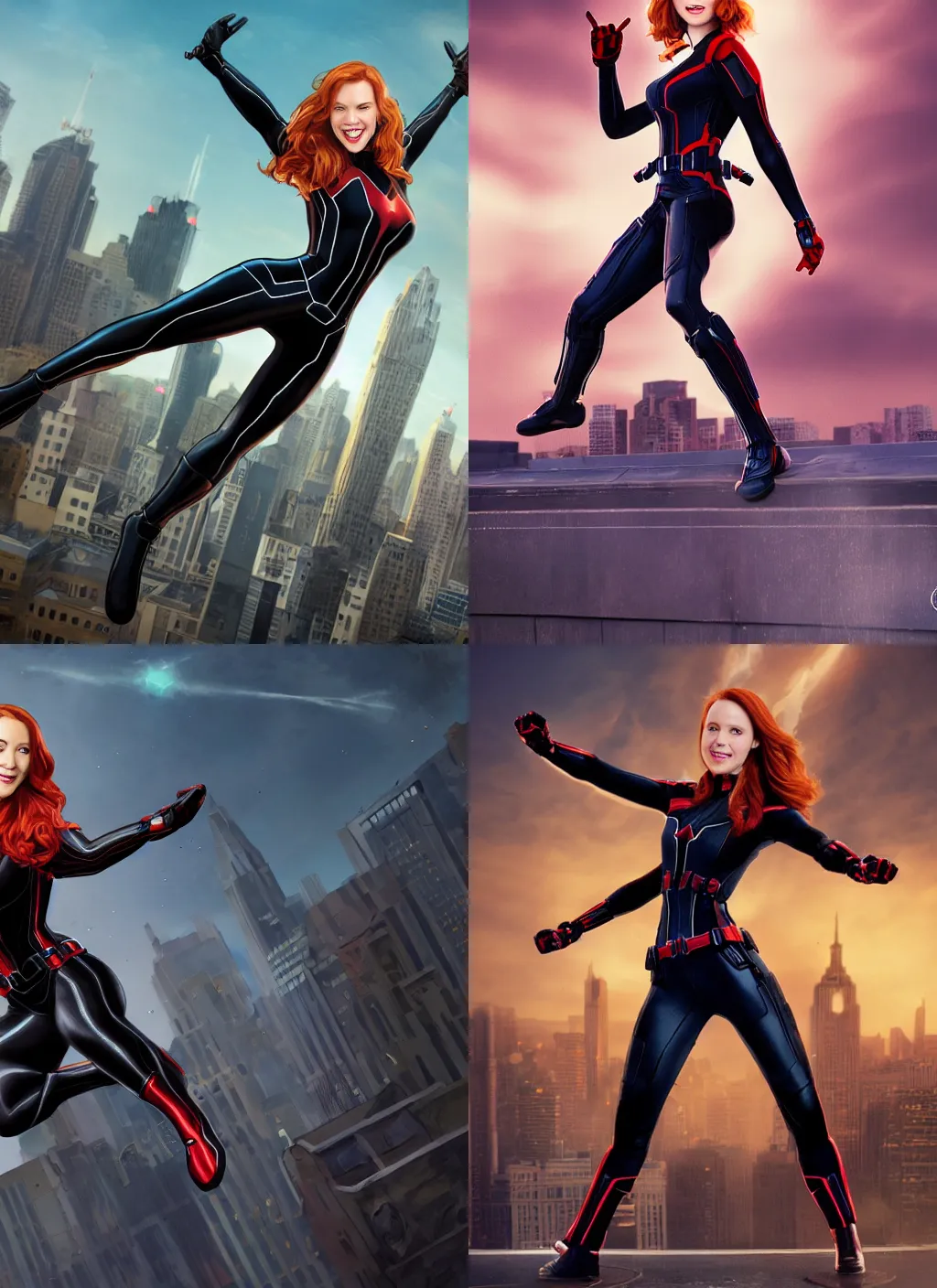 Image similar to Beautiful female Elyse Levesque as Black Widow Marvel smile and showing face:: action pose leaping in the air, acrobatic pose, exciting, fun, realistic character concept:: on rooftop of building:: comic book, illustration, slender symmetrical body, symmetrical face, full hand, full feet:: artstation, cinematic lighting, hyperdetailed, cgsociety, 8k, high resolution:: Tom Bagshaw, Joshua Middleton, Gottfried Helnwein, Rafeal Albuquerque comic:: insanely detailed and intricate