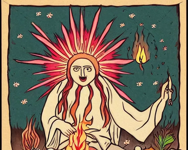 Image similar to small being in white robe with glowing pink eyes and sun ray flame hair holding lit matches and singing, flat folk art style, style of midsommar, Mu Pan, Julia Sarda