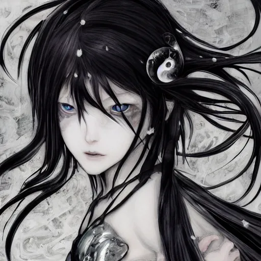 Image similar to yoshitaka amano blurred and dreamy illustration of an anime girl with pirate eye patch, wavy white hair and cracks on her face wearing elden ring armour with the cape fluttering in the wind, abstract black and white patterns on the background, noisy film grain effect, highly detailed, renaissance oil painting, weird portrait angle