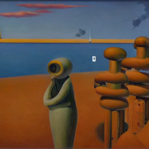 Image similar to hardened drill ship boring to the center of the earth, magma, core, heat, comedic, dystopian, grant wood, pj crook, edward hopper, oil on canvas