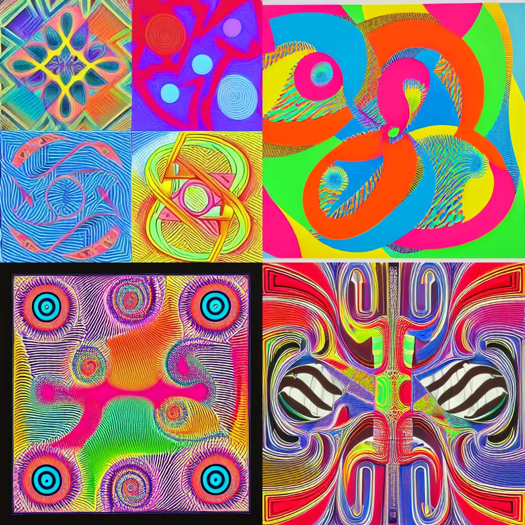 Prompt: fractal automata, colorful generative art, neon, contemporary, integral painting, by Frank Stella, by William Weege, by Eduardo Paolozzi