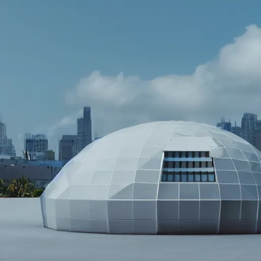 Prompt: modular dome house, futuristic, in a cloud, floating over the city, octane render, glass