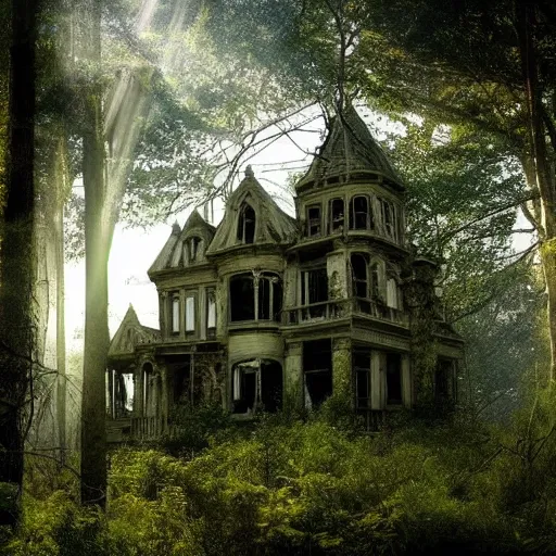 Image similar to abandoned victorian mansion, cobwebs, haunted, nestled into a clearing in a forest, light shining through the foliage