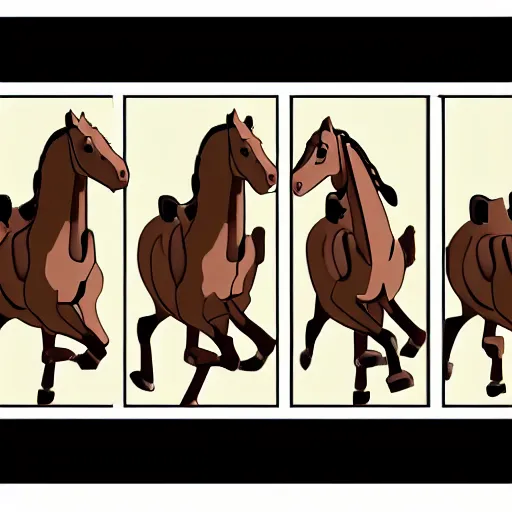 Image similar to an animation of a horse running left to right shot frame by frame, separated into equally sized frames, from'learning to animate'