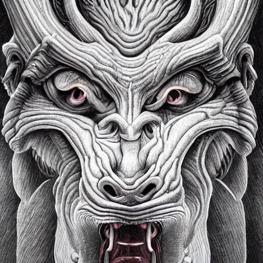 Prompt: a human with wolf head, naraka buddhist demon japan, thailand art, tubular creature, blood vesels, dystopian surrealism, artstyle alex ries zdzisław beksinski, symmetry accurate features, very intricate details, high resolution, symmetrical long head, smooth marble surfaces, detailed ink illustration, metal gear, cinematic smooth stone, deep aesthetic, concept art