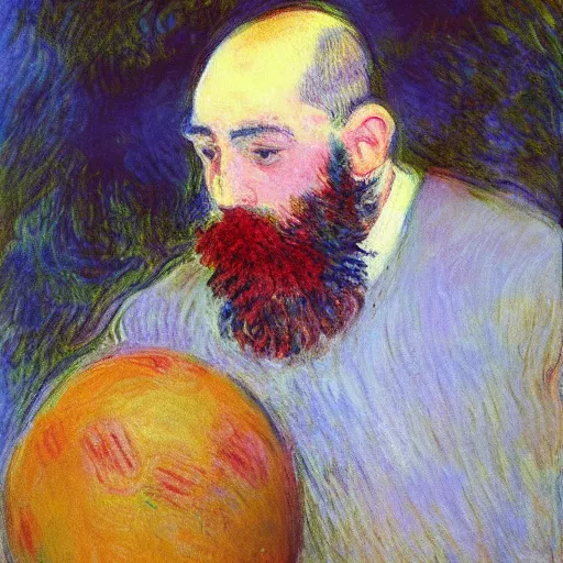 Image similar to monet painting of a bearded man with shaved head puking on a soccer ball, highly detailed, realistic,