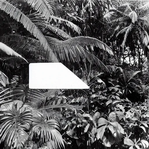 Image similar to a rizom lost film footage of a 3 d shape in the middle of the tropical jungle / tropicalism / tropicalism / tropicalism / film still / cinematic / enhanced / 1 9 2 0 s / black and white / grain