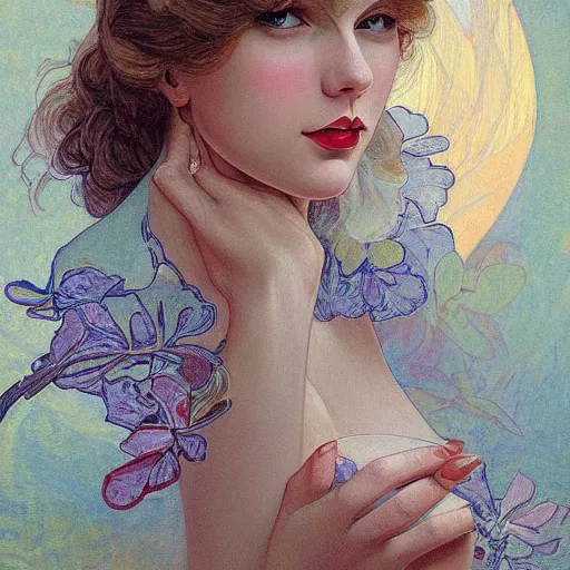 Image similar to romantic painted portrait of taylor swift by james jean, mucha, andrew loomis, masterpiece