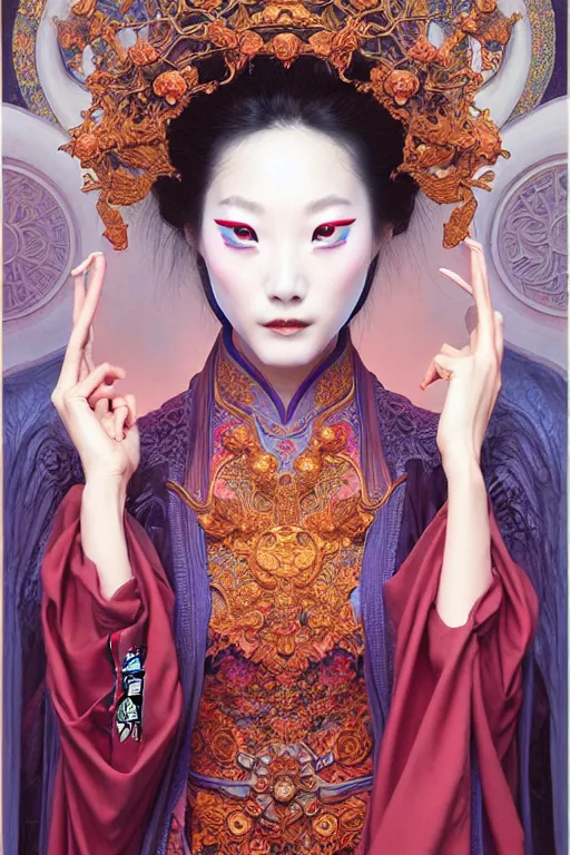 Image similar to symmetrical painting, a beautiful female immortal in transitional chinese dress, pretty, perfect face, elegant, ornate, luxury, elite, matte painting, by artgrem, by james jean, by brian froud, by wayne barlowe