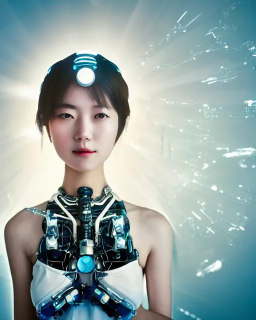 Prompt: beautiful centered photo portrait of korean girl as a solarpunk robotic cyborg with white mechanical parts and implanted bright halogen lamps, treading on calm water, ultra - realistic and detailed, sun lit, white background, bokeh, soft focus, slow exposure hdr 8 k