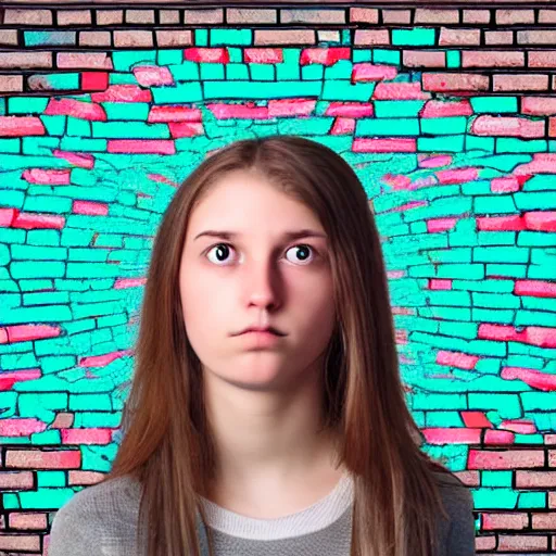 Image similar to kaleidoscopic unrealized portrait of a sad lady 2 0 years old, with brick