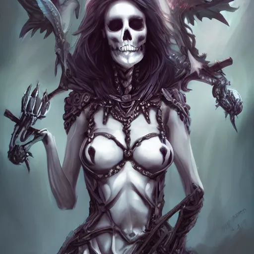 Image similar to beautiful female necromancer raising the dead, fantasy, highly detailed, digital painting, skeleton, trending on artstation, concept art, sharp focus, illustration, art by artgerm and nixeu, 2 d cg