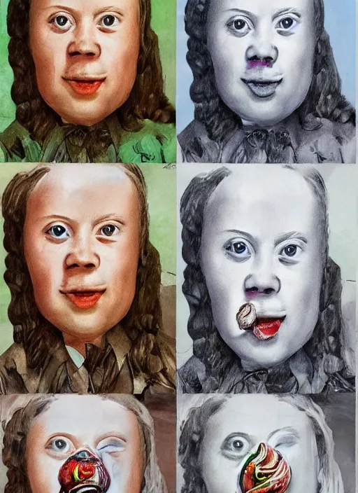 Prompt: greta thunberg eating cakes painted by salvador dali, detailed digital art, trending on Artstation