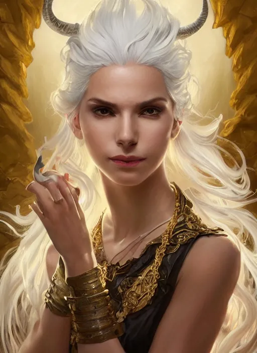 Image similar to fullbody!! dynamic movement pose, beautiful woman with white hair, big natural horns on her head, gold jewellery, dnd, face, fantasy, intricate, elegant, highly detailed, digital painting, artstation, concept art, smooth, sharp focus, illustration, art by artgerm and greg rutkowski and alphonse mucha