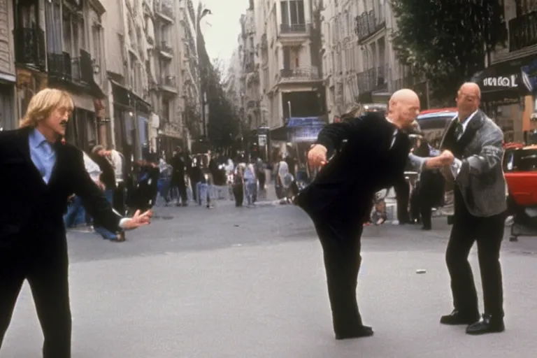 Image similar to owen wilson fighting patrick stewart in rue saint - jacques ( paris ), paul bearer, shot on film