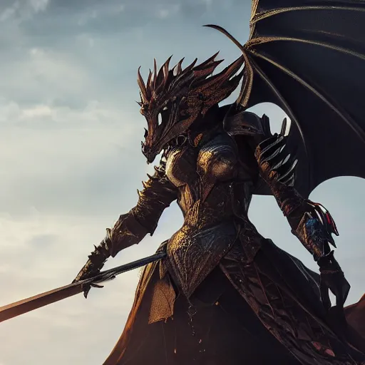 Prompt: highly detailed realistic stunning shot of a beautiful female dragon knight, resting her sword over her armored shoulder, cloak flittering in the wind, high quality, HD octane render, epic cinematography, Artstation, Deviantart, Furaffinity