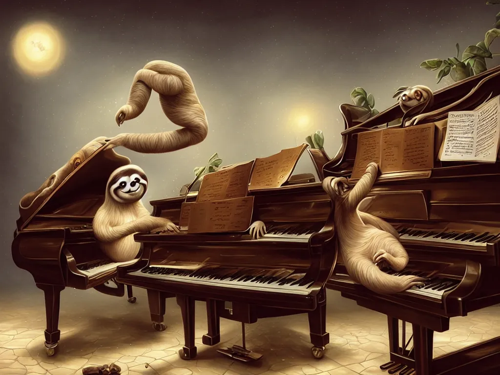 Prompt: sloth playing on grand piano, UHD realistic painting by Mark Ryden and Cyril Rolando