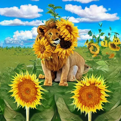 Image similar to lions and sunflowers 🌻🌫 in the style of salvador dali