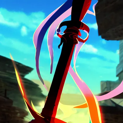 Prompt: sword made of fire in the style of Makoto Shinkai, colorful, beautiful, 4k