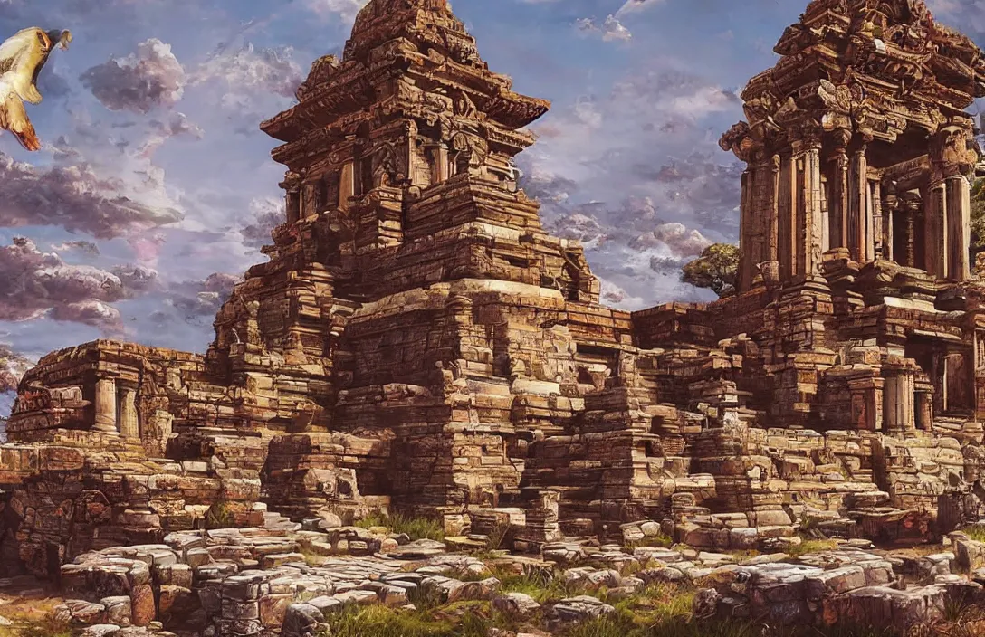 Prompt: a beautiful painting of a ancient temple on another world by sandra chevrier | wide angle | unreal engine :. 3