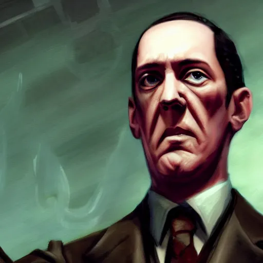 Prompt: h p lovecraft holding up an eye during an interview, artstation, detailed