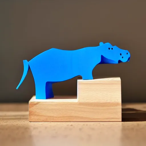 Prompt: a beautiful!!!!! minimalist curvy shaped small sculpture of hippopotamus!!!, ( ( wood ) ) and ( ( blue epoxy ) ), cubic blocks mix stripes cuts, side view profile centered, curves design, minimal, ambient, wood r