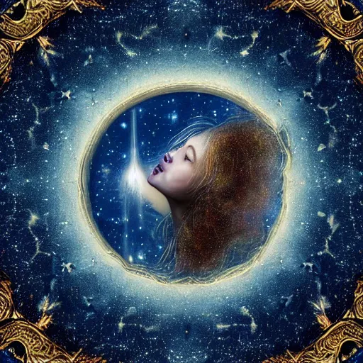 Image similar to sky in a starry night with glowing meteor showers, ascension of a woman decomposing and dissolving into moon, dark - blue black gold beige saturated, ornate baroque rococo art nouveau intricate detail, 3 d specular lighting, cinematic