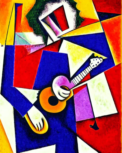 Image similar to a cubism portrait of willie nelson hugging his guitar, in the style of marc chagall, digital art, muted color