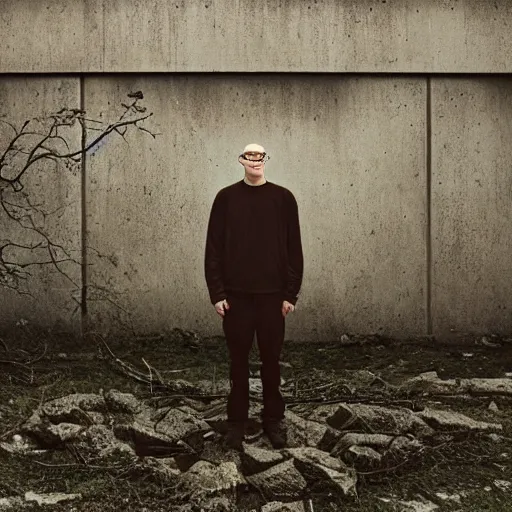 Image similar to beautiful portrait of anthony fantano, theneedledrop, standing in brutalist ruins, painted by zdzislaw beksinski