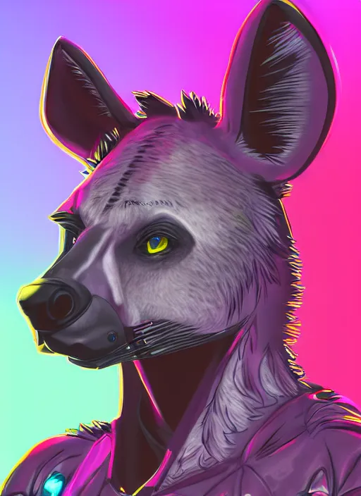 Image similar to cell shaded digital drawing of anthromorphic hyena female, fursona, furry fandom, neon rainy cyberpunk setting, anthro, wearing cyberpunk leather jacket, detailed face,