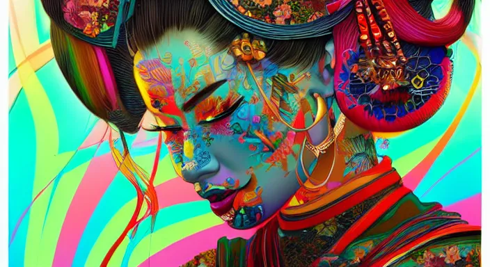 Prompt: colourful geisha in the style of android jones, 1 6 k, ultra detailed, ultra intricate, artstation