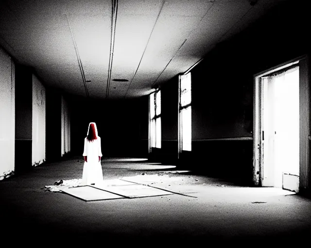 Image similar to creepy woman wearing white dress standing in the backrooms, the eerie forlorn atmosphere of a place that's usually bustling with people but is now abandoned and quiet, buzzing fluorescent lights above the ceiling, unsettling images, liminal space, dark,
