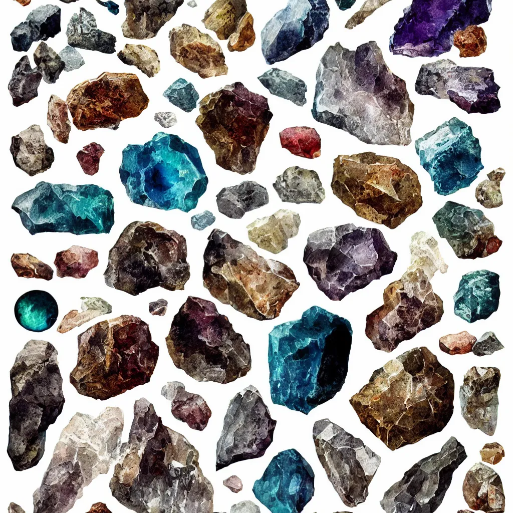 Prompt: full page antique lithograph of gemstones minerals, White background, art print, clean brush stroke, realistic highly detailed, 8k post-processing highly detailed, rendered by octane engine, esty