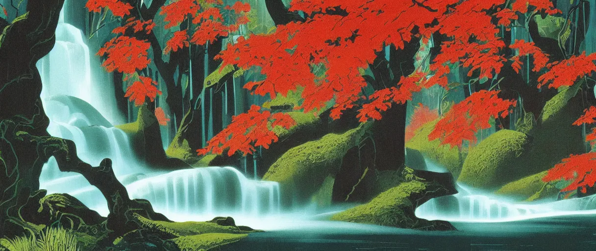 Image similar to eyvind earle disney background art of a beautiful waterfall in a forest