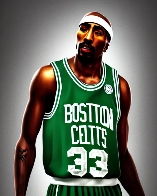 Image similar to portrait of tupac shakur, boston celtics jersey number 3 4, green, white, cartoon digital art, oil on canvas, trending on artstation, octane render