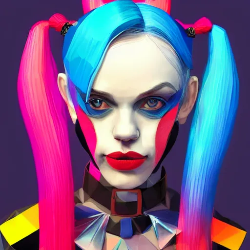 Image similar to digital art, low poly 3d render of Harley Quinn but she's a beautiful young ape with long pony tails on either side of her head, illustration, comic, by James Jean, artgerm, octane render, by John Coltrane and Marc Simonetti, Manic, graffiti, kinemacolor, colorful, high detail of the face, full body