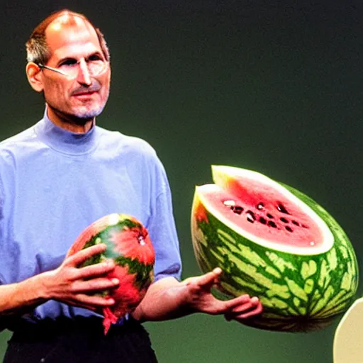 Prompt: steve jobs presenting a watermelon with a propeller