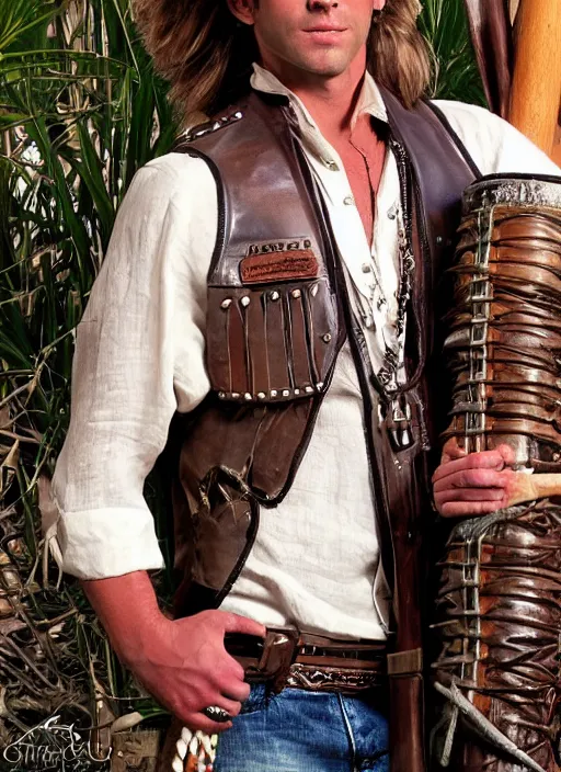 Image similar to a male ranger, dnd, wearing a leather vest and white linen pants, chiseled good looks, long swept back blond hair, puka shell necklace, with a bongo drum and nunchucks, digital art