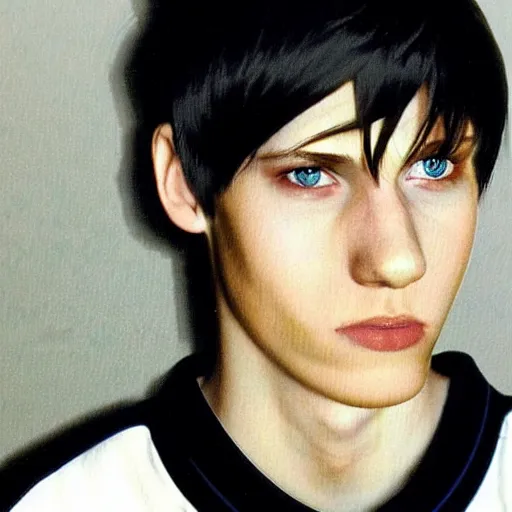 Prompt: A colored colorized real high school photograph portrait of Jerma with a medium length emo haircut and black shirt and acne, emo hairstyle with acne, embarrassing, taken in the mid 2000s, taken on a 2000s Camera, realistic, hyperrealistic, very realistic, very very realistic, highly detailed, very detailed, extremely detailed, detailed, digital art, trending on artstation, headshot and bodyshot, detailed face, very detailed face, very detailed face, real, real world, in real life, realism, HD Quality, 8k resolution, intricate details, colorized photograph, colorized photon, body and headshot, body and head in view